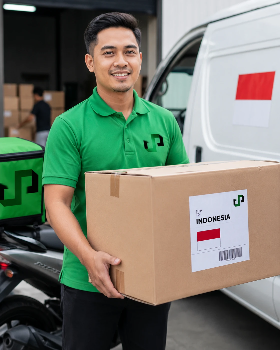 Petugas PSCargo membawa paket di sisi van penghantaran