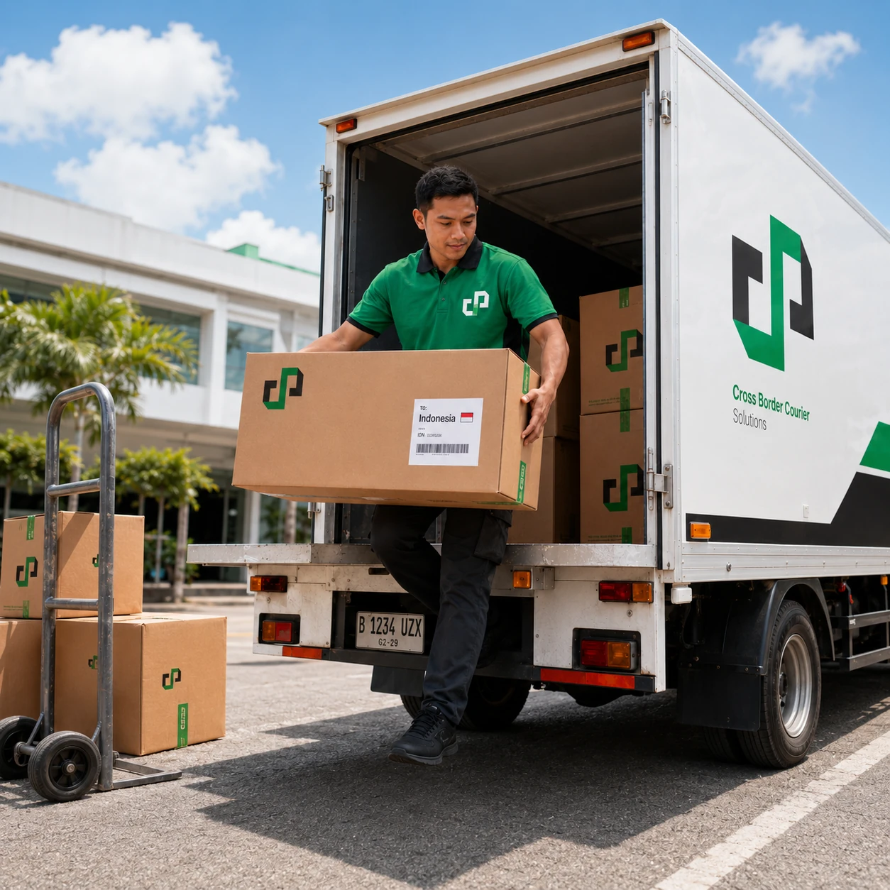 Petugas PSCargo memunggah paket dari trak kargo